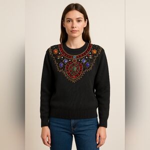 ✨ Vintage Lindsey Blake Jeweled Sweater M Black Knit Beaded Embellished Gemstone